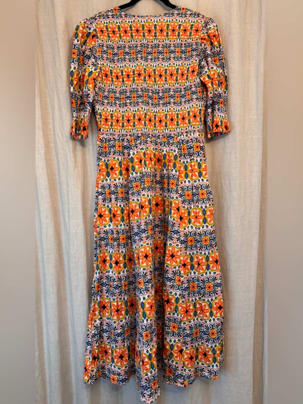 Boden Smocked Mosaic Floral Cotton Midi Dress Orange Blue Multicolor - Picture 2 of 7